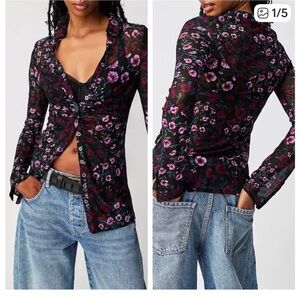 Free People Lucky Shirtee Button Up Collared Top Black Floral